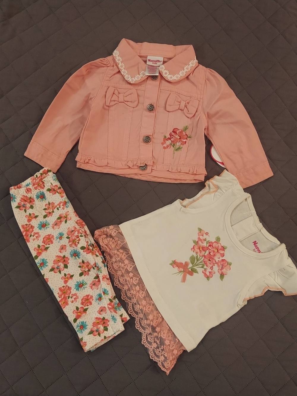 Nannette Peach Jacket, Cream Floral Top & Floral Leggings Kids Matching Set